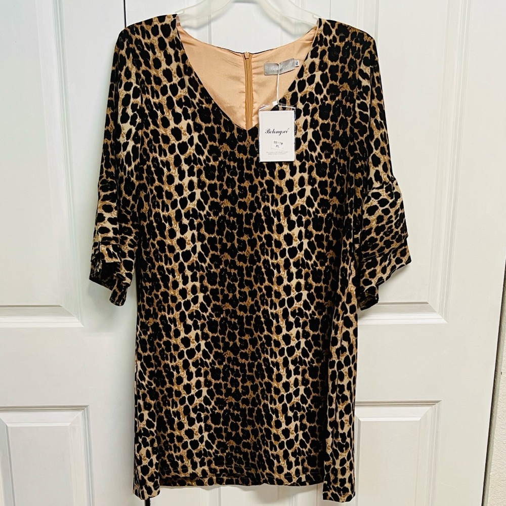 Belongsci Leopard Print Short Sleeve Mini Dress Size XL NWT